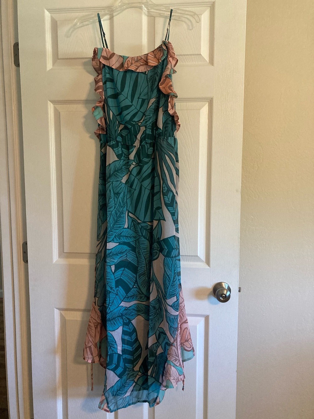 Anthropologie FARM Rio Teal and Blush Tropical Leaf Ruffle Maxi Dress